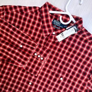 Vintage Polo Ralph Lauren Mens Western Red Black Plaid Snap Shirt XXL NWT Cowboy